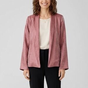 Eileen Fisher Rose Pink Metallic Linen Silk Lined Open Front Blazer Jacket Large